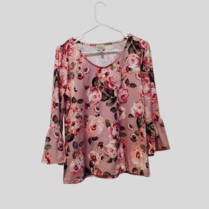 Como Vintage Pink Floral Bell Sleeve Blouse Size M Cottagecore Scoop Neck